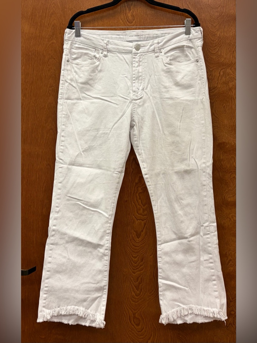 Dear John Jeanne Denim White Cropped Flare Jeans frayed fringe hem mid rise 31